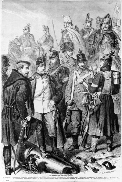 Oorlog van de Hertogdommen, Oostenrijkse en Pruisische soldaten en officieren vechten voor Sleeswijk-Holstein, 1864, gepubliceerd in Leipzig door German School